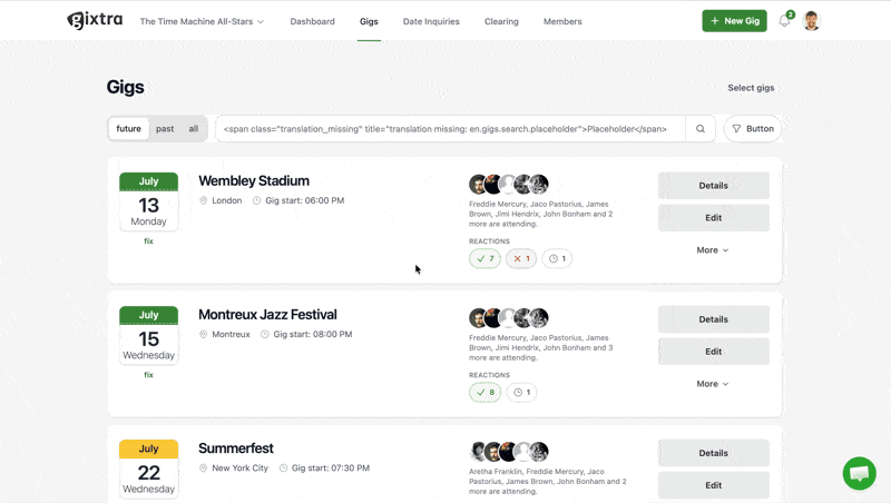 Bulk lineup actions in the English gig list